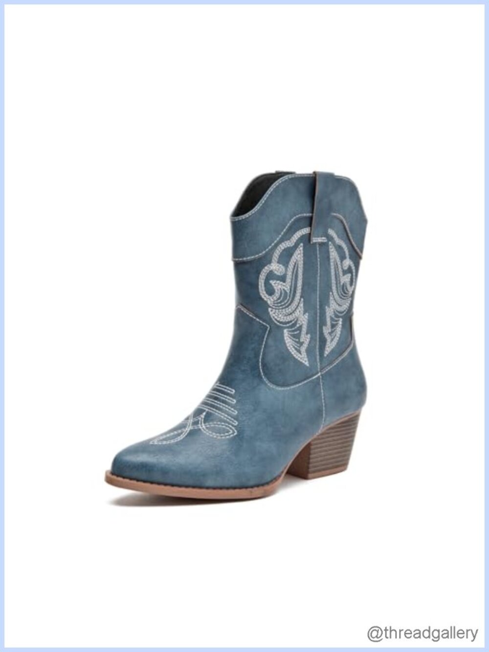 Western Cowboy Boots Faux Leather Mid-Calf Pointed Toe Slip-On Low Heel